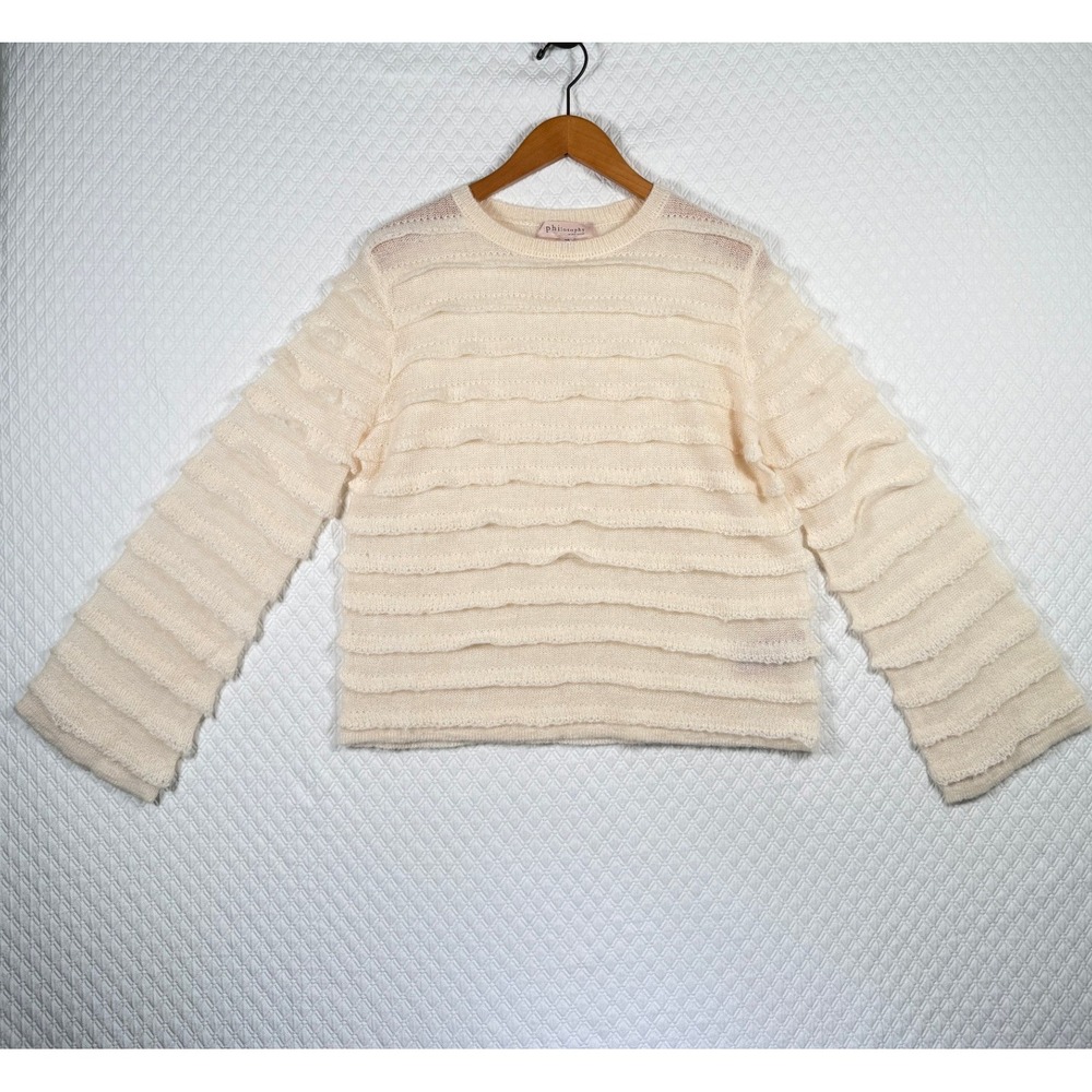 Philosophy Republic Clothing Sz S Cream Ruffle Tiered Knit Sweater‎ Wool Alpaca